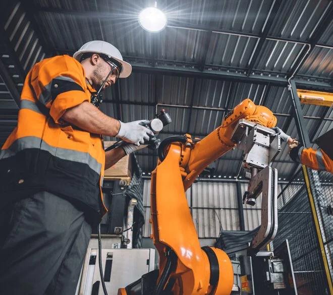 Das Bild zeigt zwei Personen in Schutzkleidung, die zusammen an einem Industrieroboterarm arbeiten, möglicherweise bei einer Wartungs- oder Produktionsaufgabe in einer industriellen Umgebung.