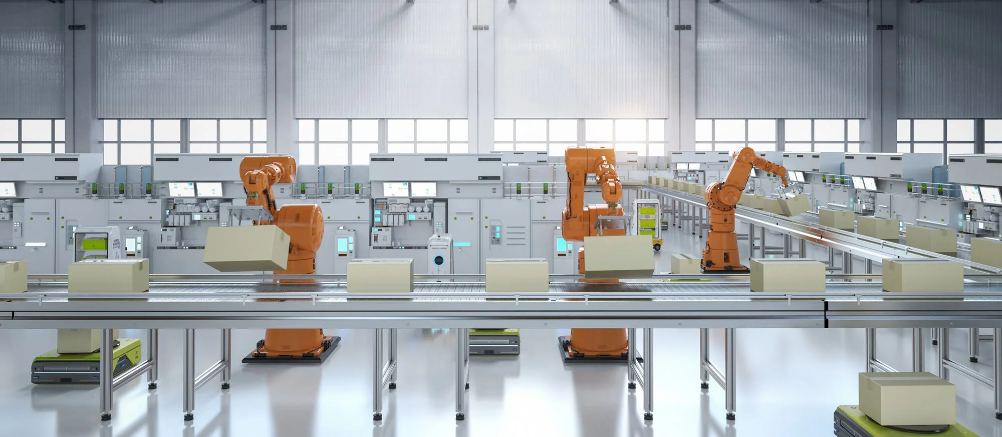 Das Bild zeigt eine große Halle mit vielen Arbeitsstationen, an denen orangefarbene Roboterarme verschiedene Aufgaben ausführen.